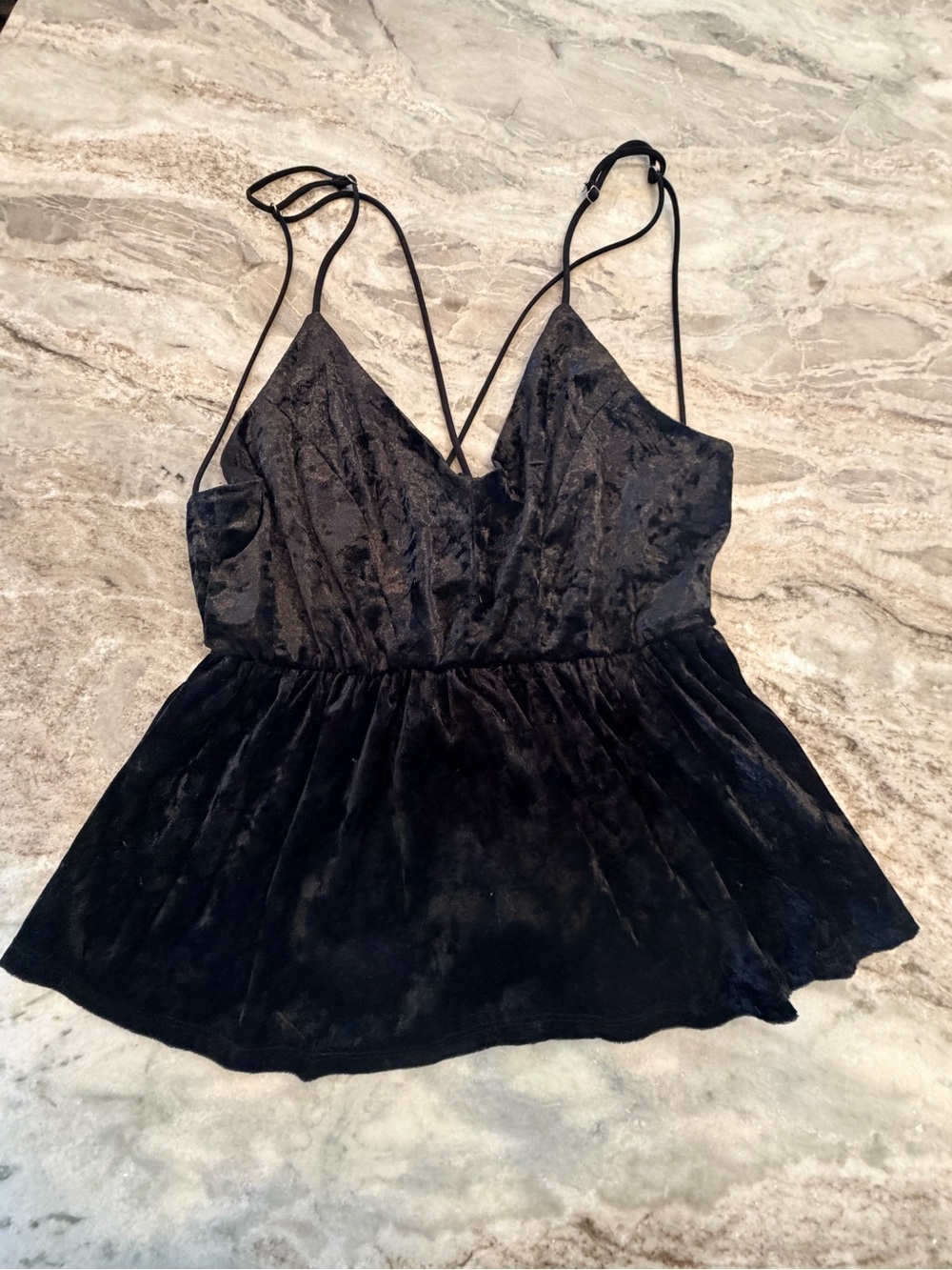 Love J Black Crushed Velvet Peplum Cami Top Large Y2K Spaghetti Strap